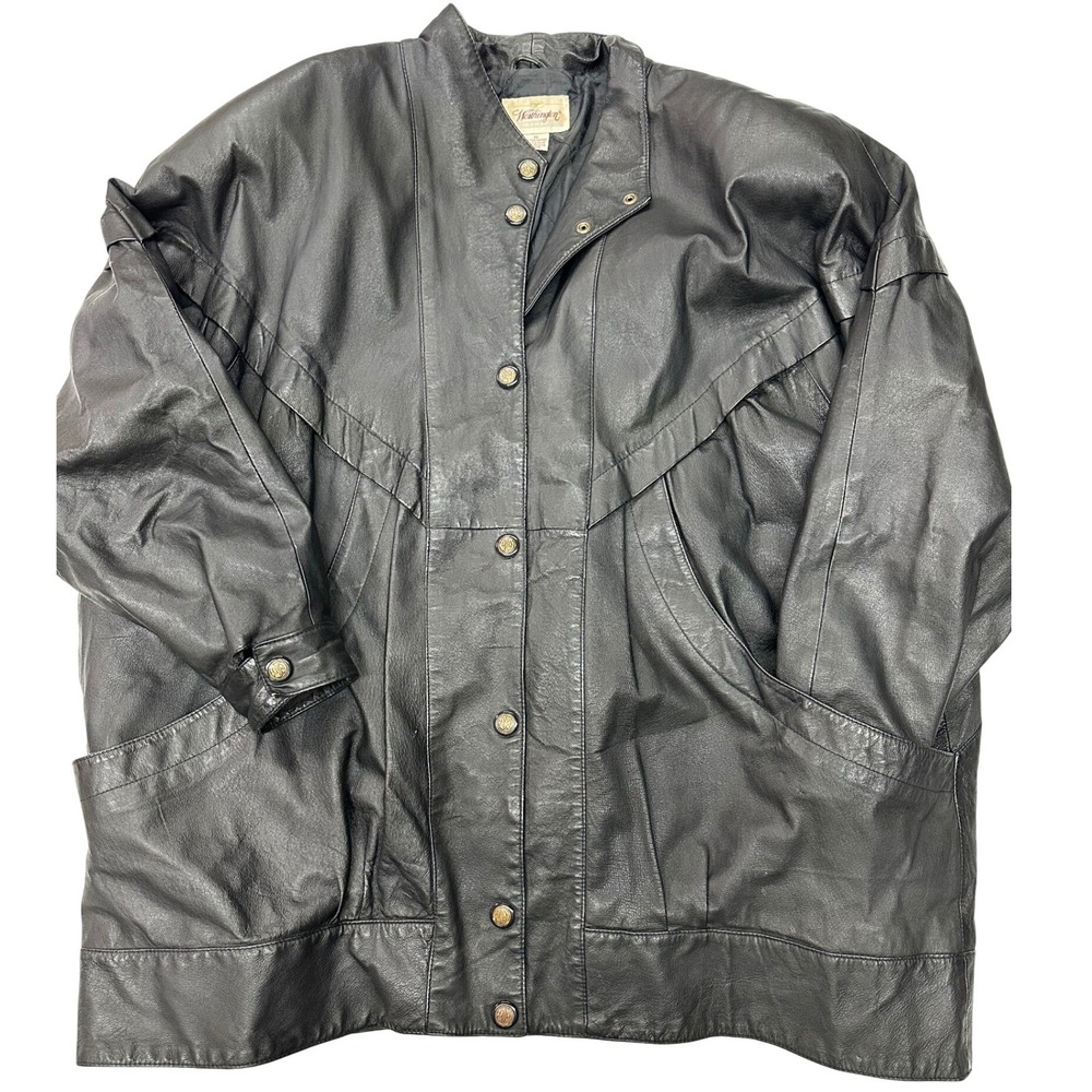 VTG Worthington Leather Jacket Black Padded Shoulder Oversized Button Front 3X